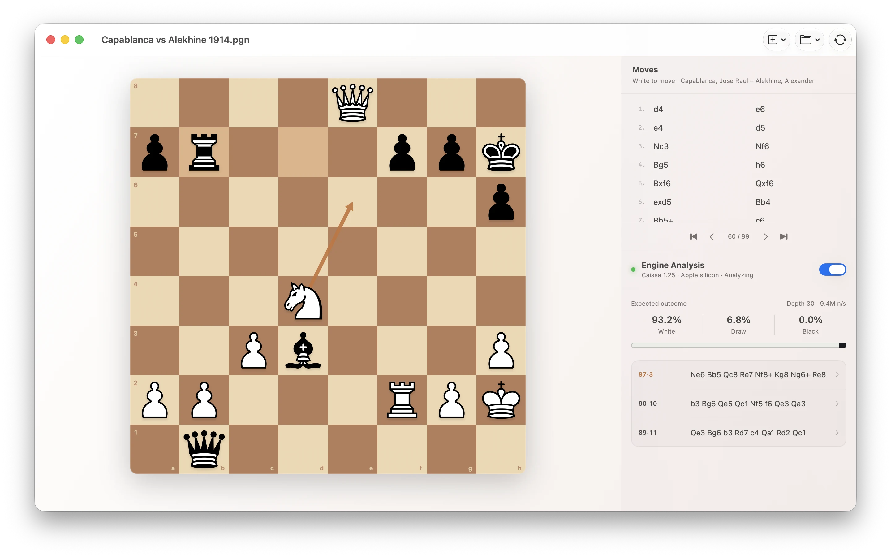 Lucena analyzing a Capablanca game with a board arrow, expected outcome, and candidate lines.